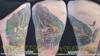 Thigh tattoo Misty Mountains Rivendell buildings architecture waterfalls
